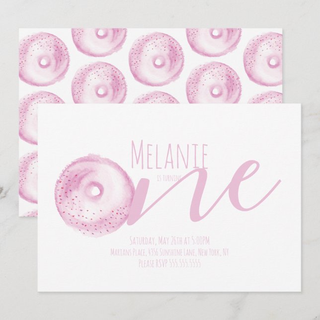 Watercolor Doughnut First Birthday Sweet Party Pin Invitation (Front/Back)