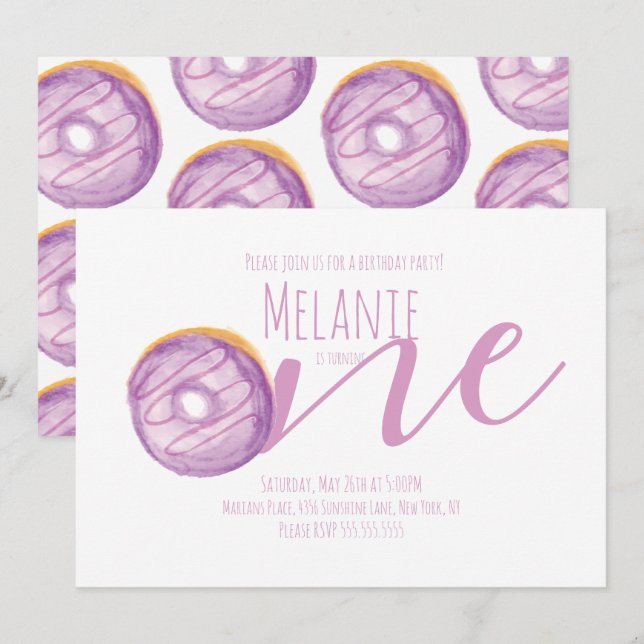 Watercolor Doughnut First Birthday Sweet Party Pur Invitation (Front/Back)