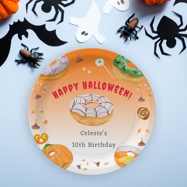 Watercolor Doughnut-licious Halloween Candy Thank  Paper Plate (A great Halloween paper plate to make your Halloween table festive! )