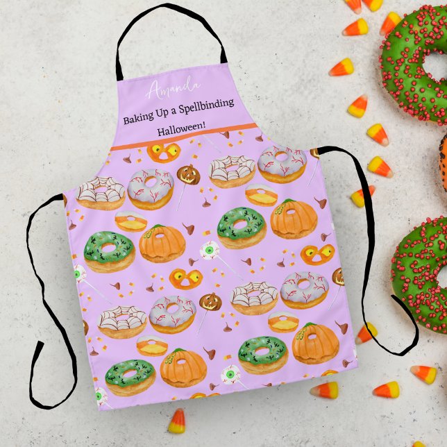 Watercolor Doughnut-licious Happy Halloween Candy Apron (Bake your Halloween goodies with this fun watercolor donuts Halloween delight!)