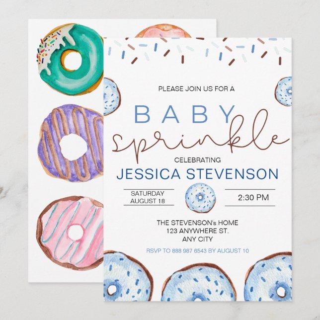 Watercolor Doughnuts Baby Sprinkle Shower  Invitation (Front/Back)