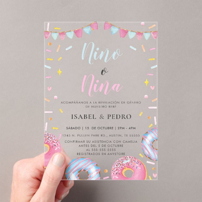 Watercolor Doughnuts & Confetti Spanish Gender Rev Acrylic Invitations (Insitu (Handheld))