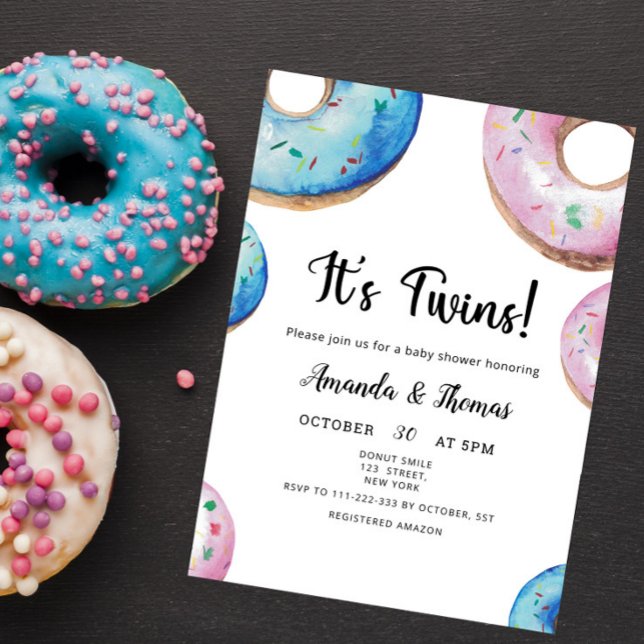 Watercolor Doughnuts Twin Boy Girl Baby Shower Invitation (Creator Uploaded)