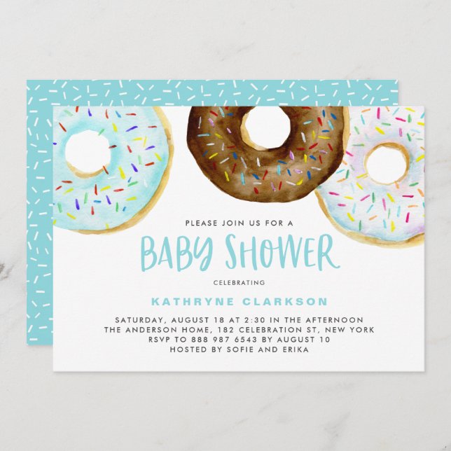 Watercolor Doughnuts with Sprinkles Boy Baby Showe Invitation (Front/Back)