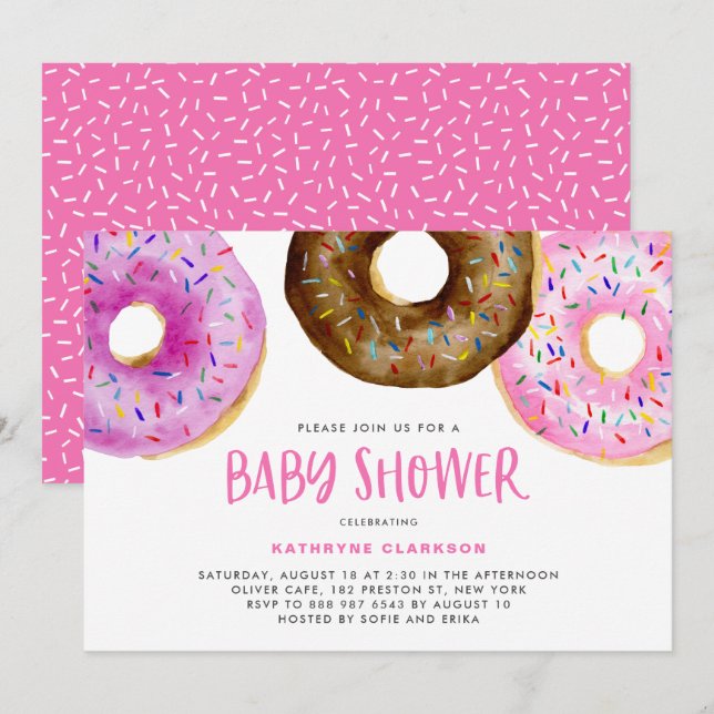 Watercolor Doughnuts with Sprinkles Girl Baby Show Invitation (Front/Back)