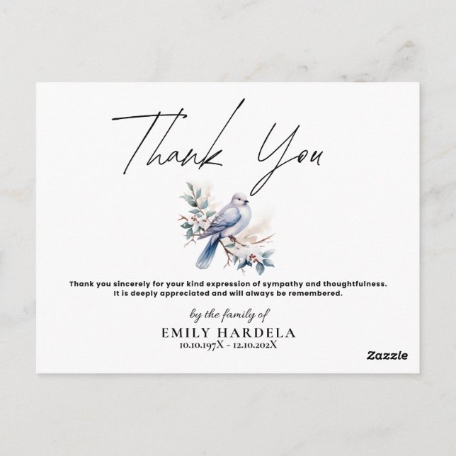 Watercolor Dove Funeral Sympathy Thank You Card (Back)