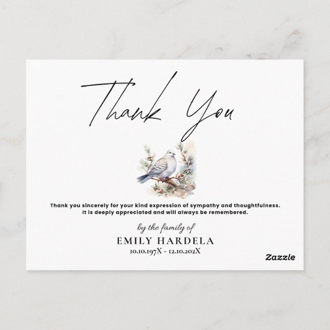 Watercolor Dove Funeral Symphaty Thank You Card (Back)