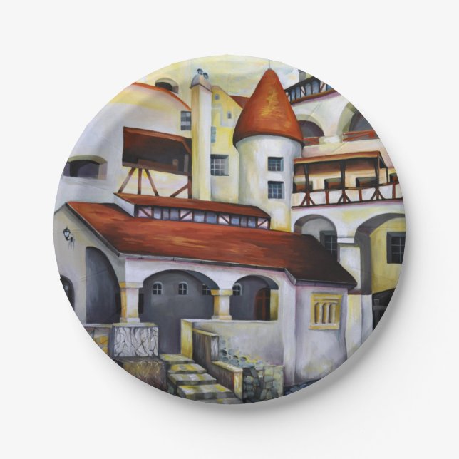 Watercolor Dracula Castle Transylvania Romania Paper Plate (Front)