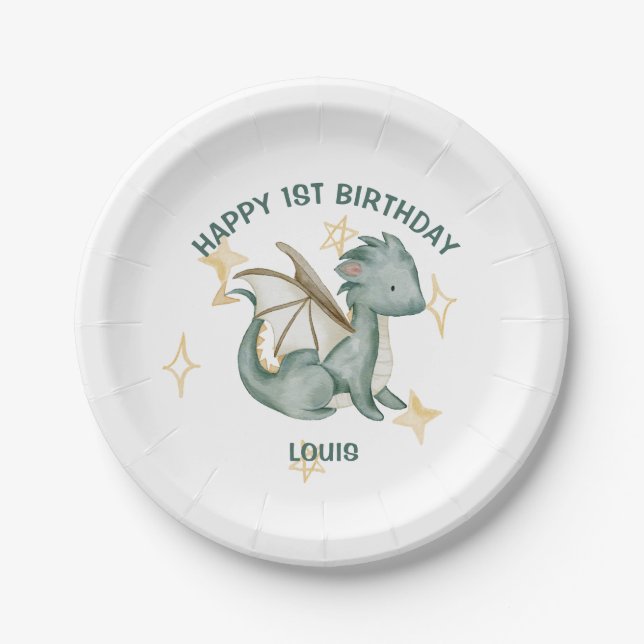 watercolor dragon and stars happy birthday paper p plate (Front)