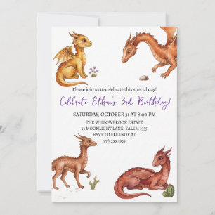 Watercolor dragon birthday invitation