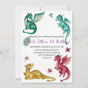 Watercolor dragon birthday invitation