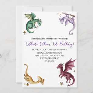 Watercolor dragon birthday invitation