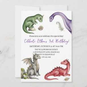 Watercolor dragon birthday invitation
