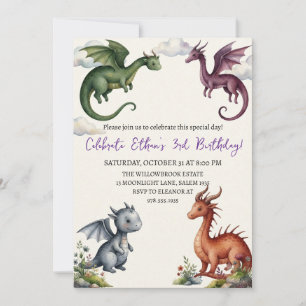 Watercolor dragon birthday invitation