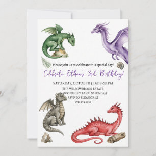 Watercolor dragon birthday invitation