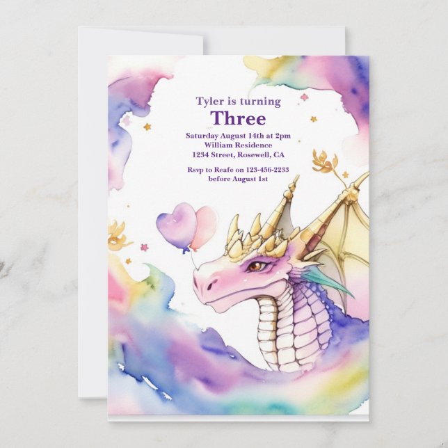 Watercolor Dragon Birthday Invitation (Front)