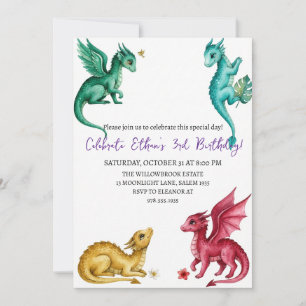 Watercolor dragon birthday invitation