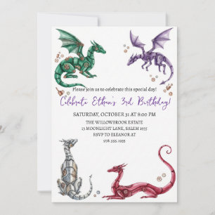 Watercolor dragon birthday invitation