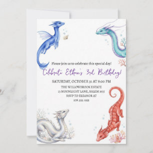 Watercolor dragon birthday invitation