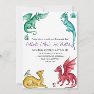 Watercolor dragon birthday invitation
