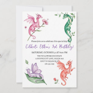 Watercolor dragon birthday invitation