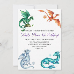 Watercolor dragon birthday invitation