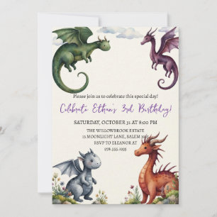 Watercolor dragon birthday invitation
