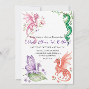 Watercolor dragon birthday invitation