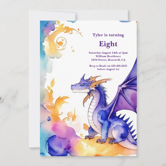 Watercolor Dragon Birthday Invitation (Front)