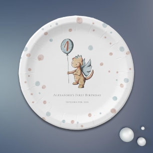Watercolor Dragon First Birthday Party Paper Plate