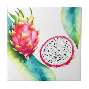 Watercolor Dragon Fruit in Bold Colours on White Tile
