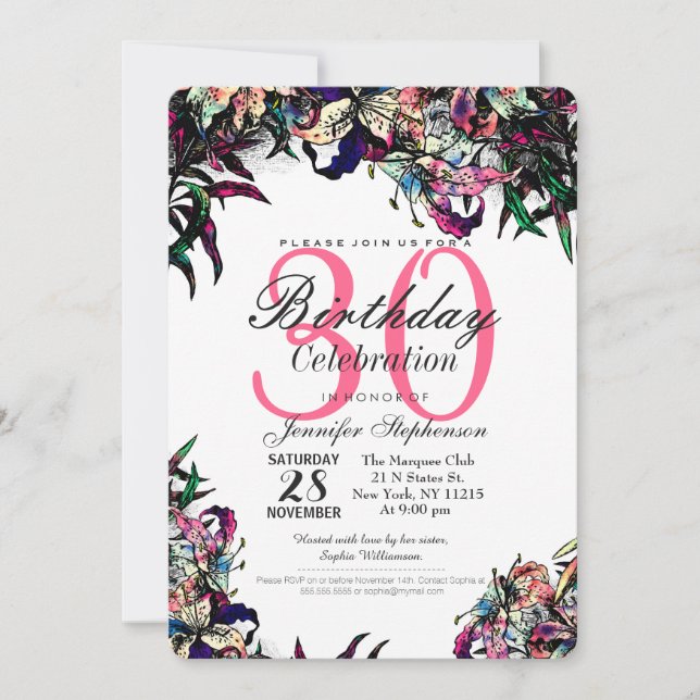 Watercolor Dragon Lilies Birthday Party Invitation (Front)