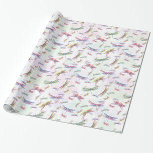 Watercolor Dragonflies Pink Lavender Yellow White Wrapping Paper