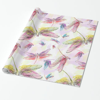Watercolor Dragonflies Pink Lavender Yellow White Wrapping Paper