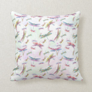 Watercolor Dragonflies Teal Lavender Blue White Cushion