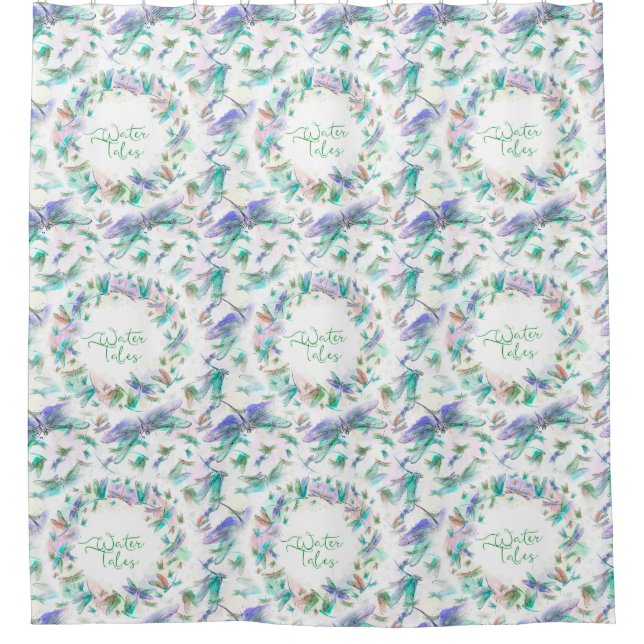 Watercolor Dragonflies Teal Lavender Blue White Shower Curtain (Front)