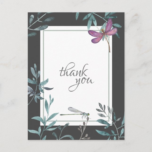 Watercolor Dragonfly and Garden Greenery Thank You Postcard (Front)
