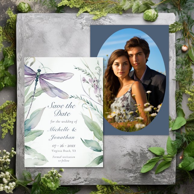 Watercolor Dragonfly and Greenery Photo Wedding Save The Date (Watercolor Dragonfly and Greenery Photo Wedding Save The Date)