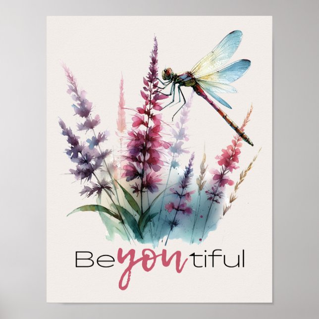 Watercolor Dragonfly Beyoutiful Inspirational Art Poster (Front)