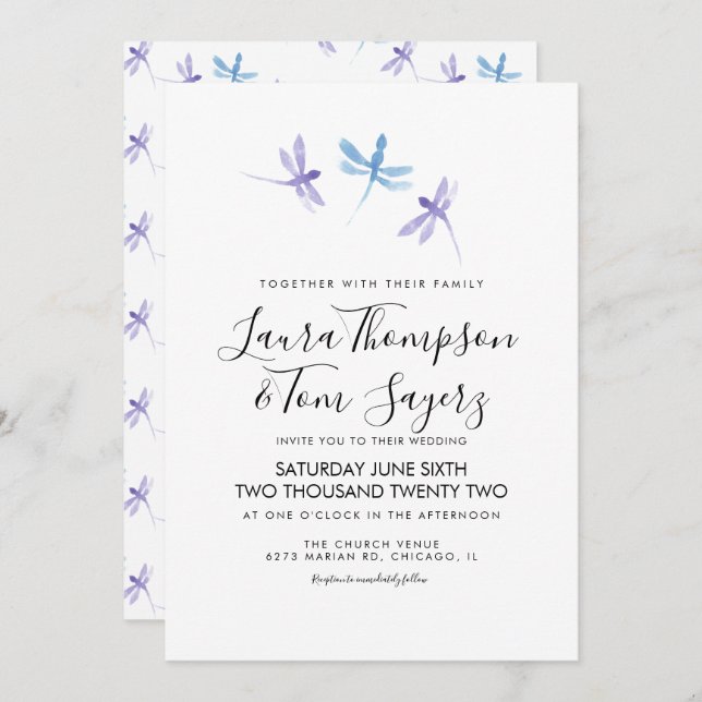 Watercolor Dragonfly Elegant Script Wedding  Invitation (Front/Back)