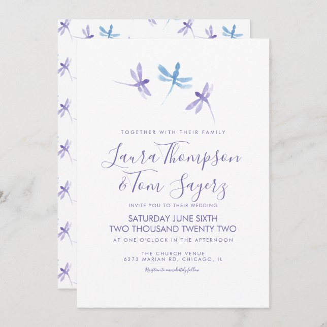 Watercolor Dragonfly Elegant Script Wedding  Invitation (Front/Back)