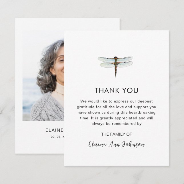 Watercolor Dragonfly Funeral Photo Thank you  (Front/Back)