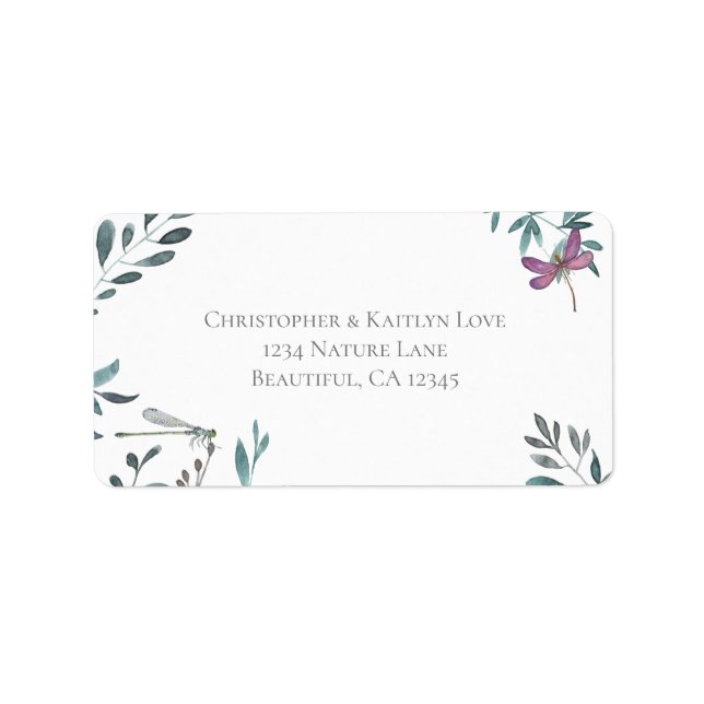 Watercolor Dragonfly Garden Greenery Address Label (Front)