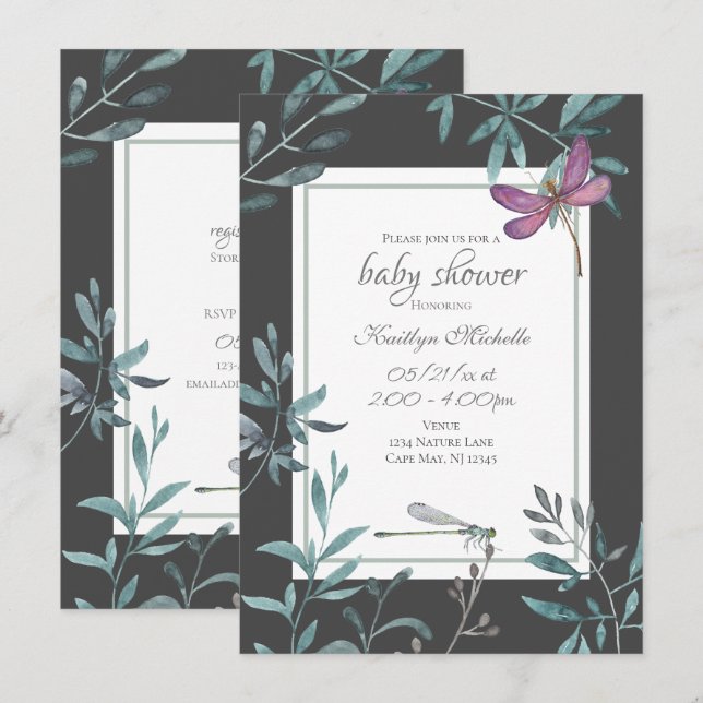 Watercolor Dragonfly Garden Greenery Baby Shower Invitation (Front/Back)