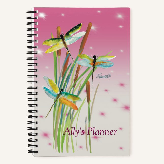 Watercolor Dragonfly Pink Personalised Planner Notebook (Front)