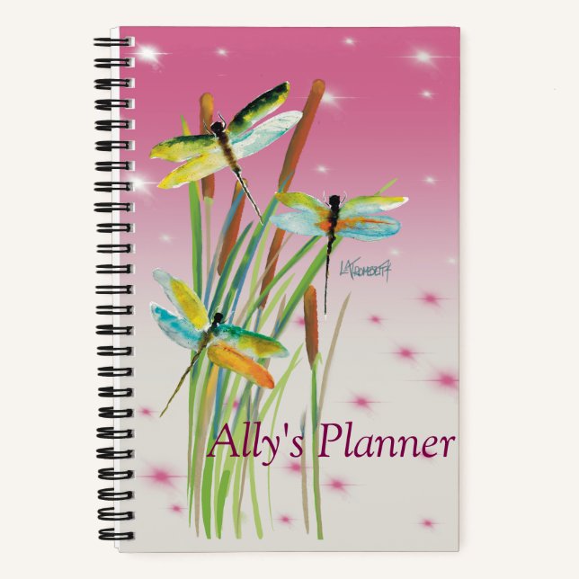 Watercolor Dragonfly Pink Personalised Planner Notebook (Front)