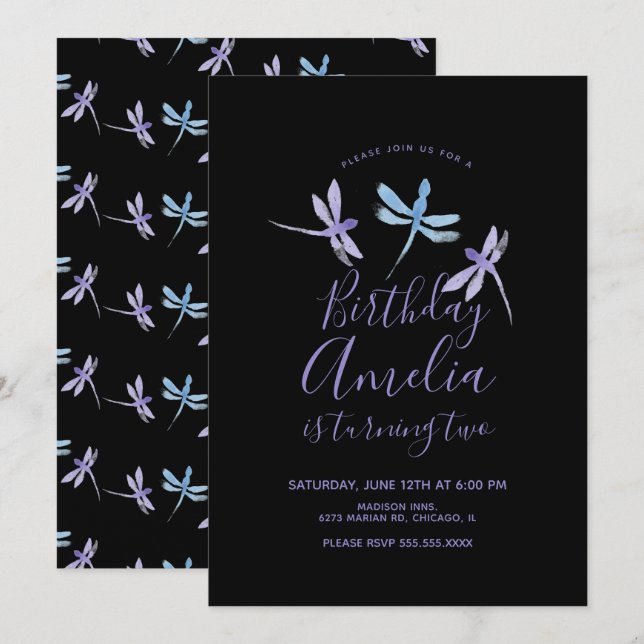 Watercolor Dragonfly  Purple Black Birthday Party (Front/Back)
