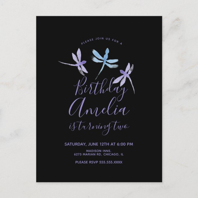 Watercolor Dragonfly  Purple Black Birthday Party Postcard (Front)