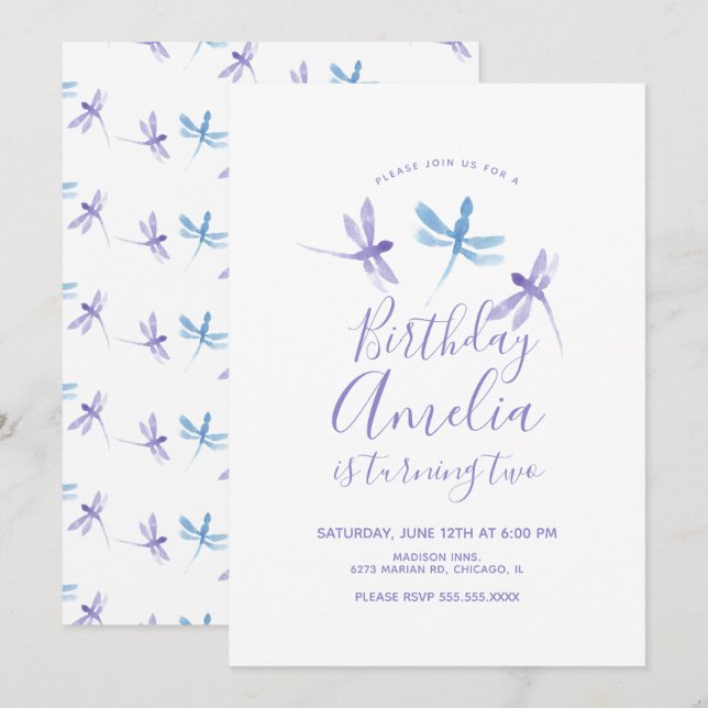 Watercolor Dragonfly  Purple Blue Birthday Party (Front/Back)