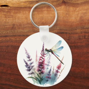 Watercolor Dragonfly Purple Wildflower Nature Art Key Ring